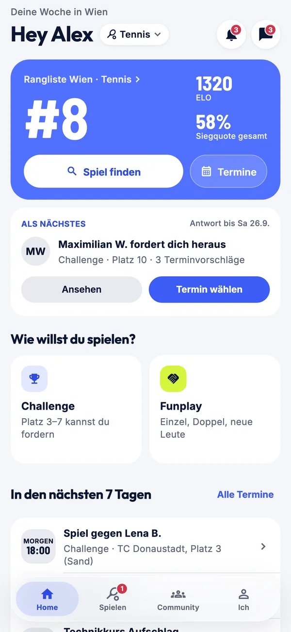 Startseite der App: Rang, ELO und das nächste Spiel auf einen Blick