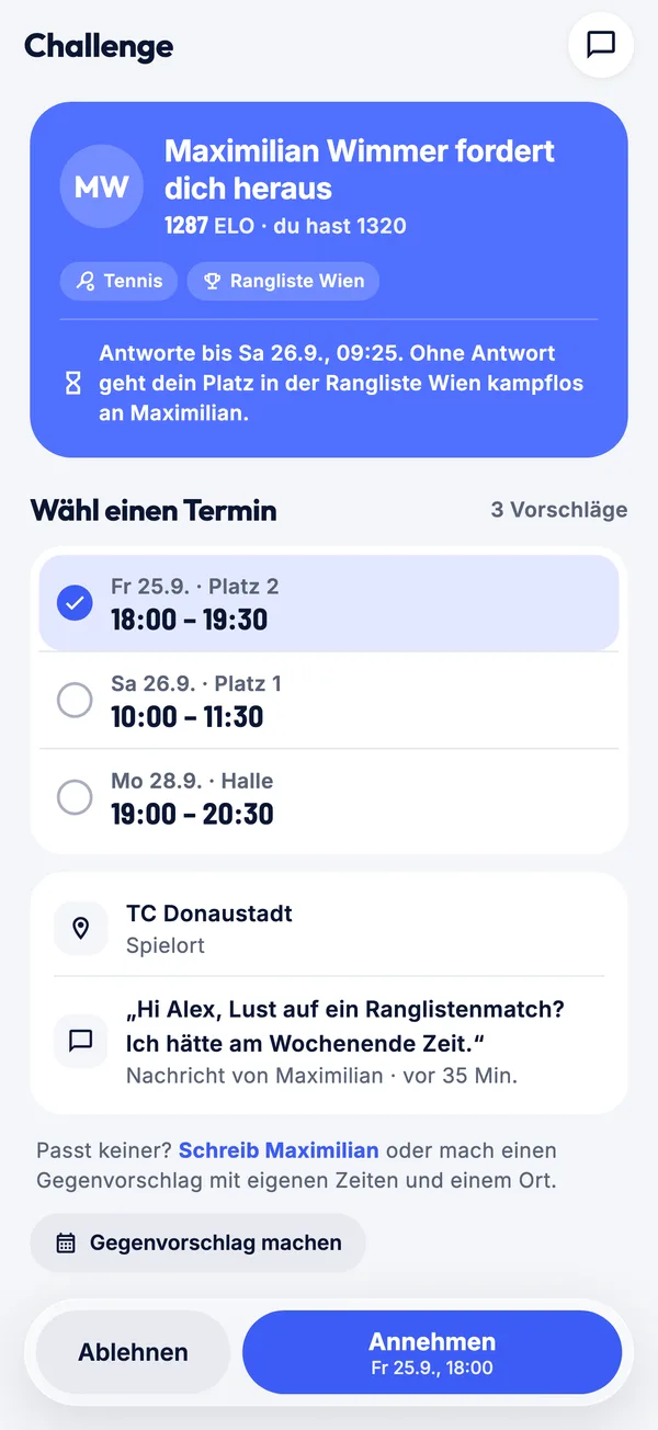 Erhaltene Challenge mit drei Terminvorschlägen und Antwortfrist