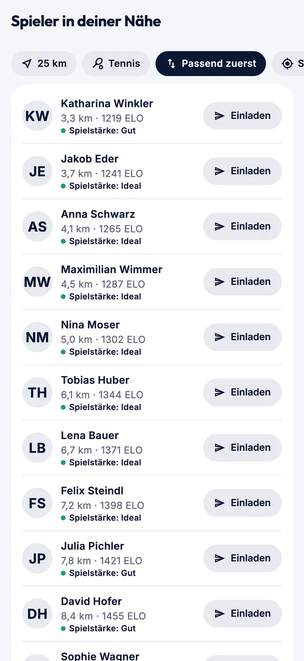 Spieler in deiner Nähe mit Entfernung, ELO und Spielstärke