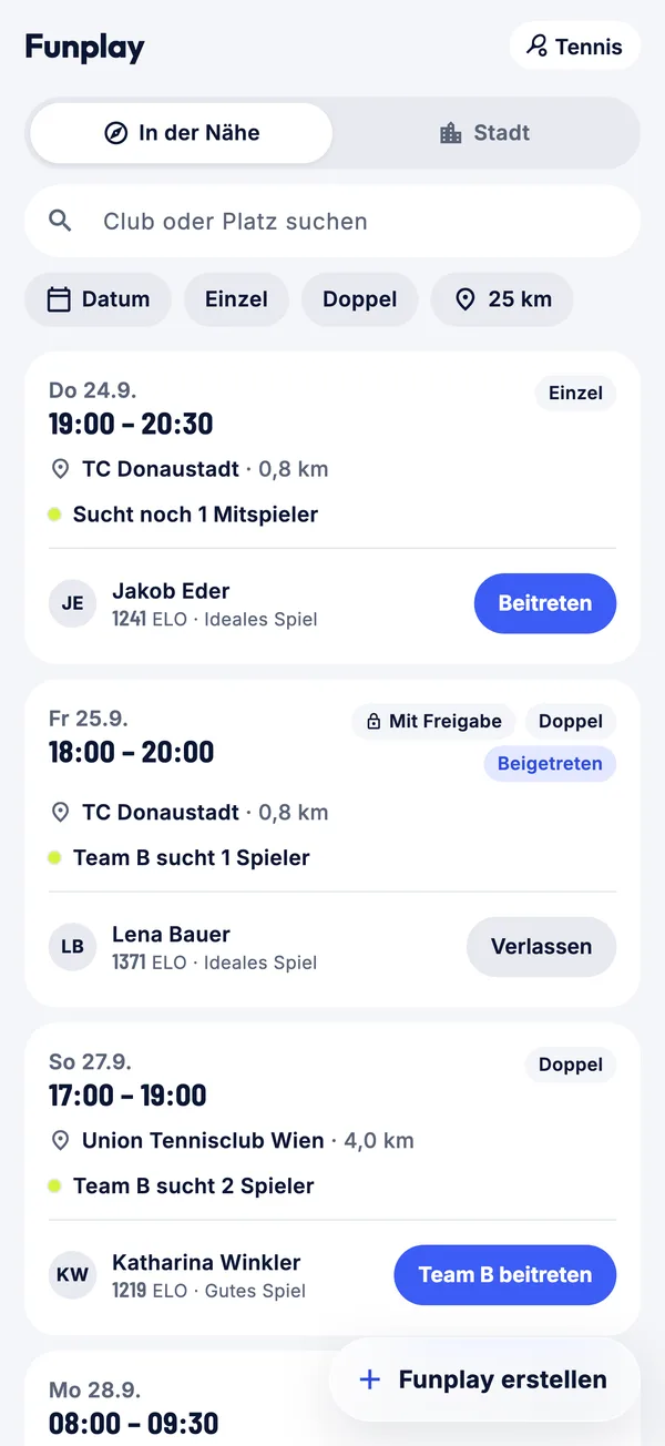 Funplay: offene Spiele in der Nähe, Einzel und Doppel