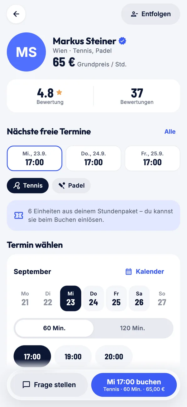 Coach-Profil mit freien Terminen und Buchung